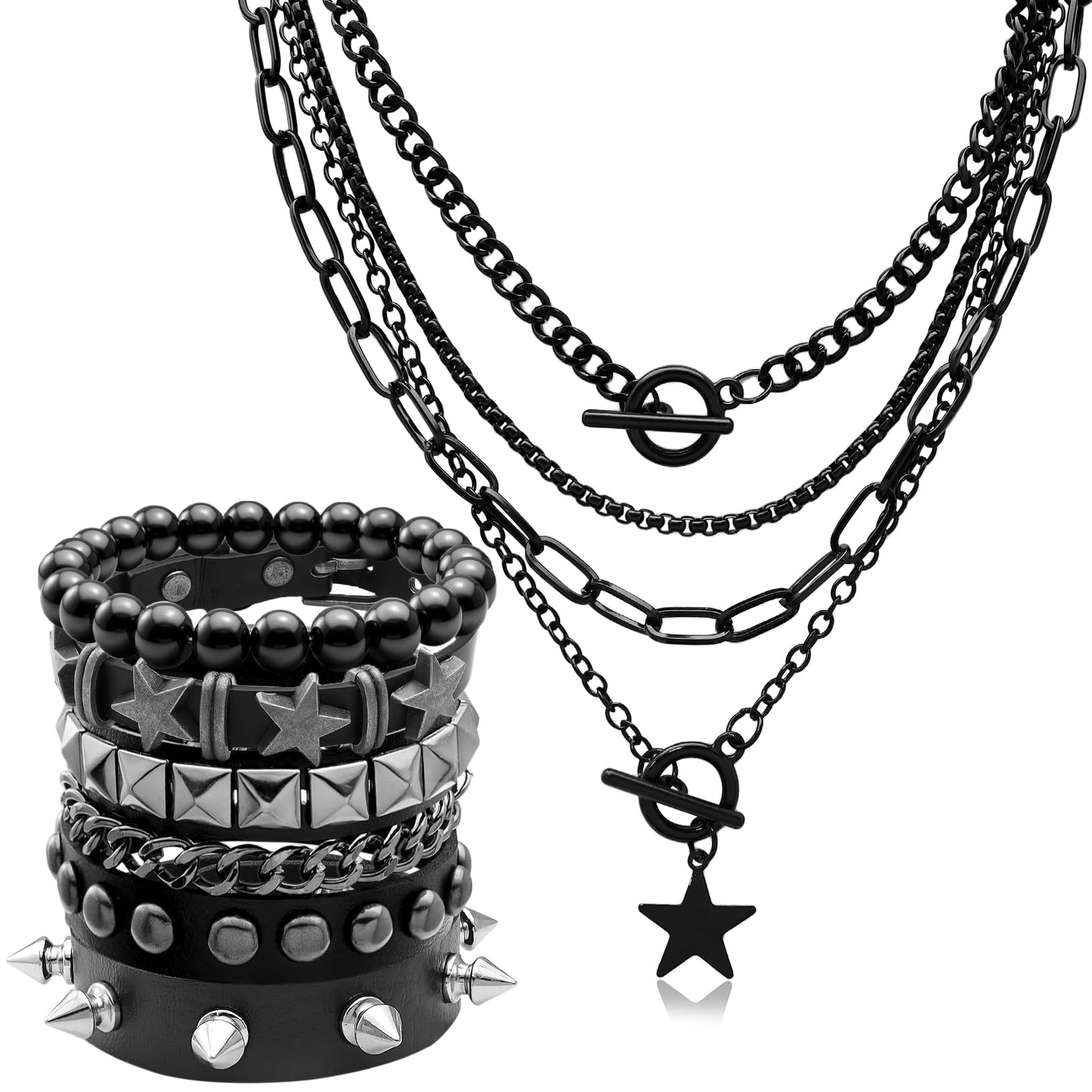 Fscwlmon 5 Pcs Layered Star Grunge Emo Studded Bracelets Goth A