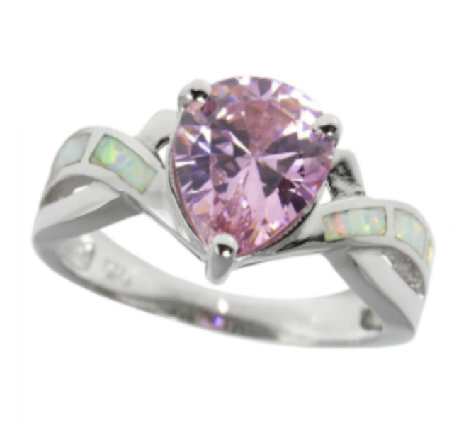 8×10 Pear Cut Ring Pink CZ Sterling Silver w White Created Opal Size 4 5 6 7 8 9