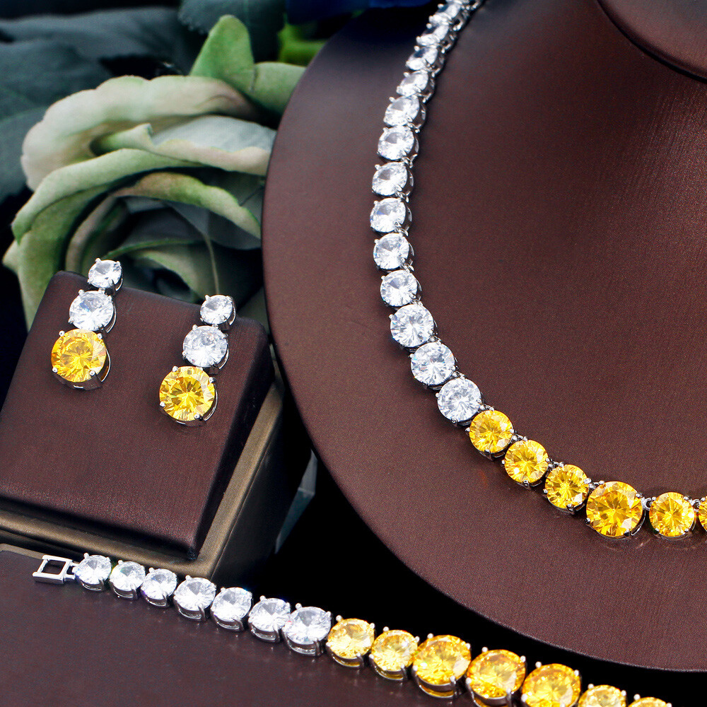 Silver Plated CZ Yellow Big Round Wedding Jewelry Necklace Earrings Bracelet Set