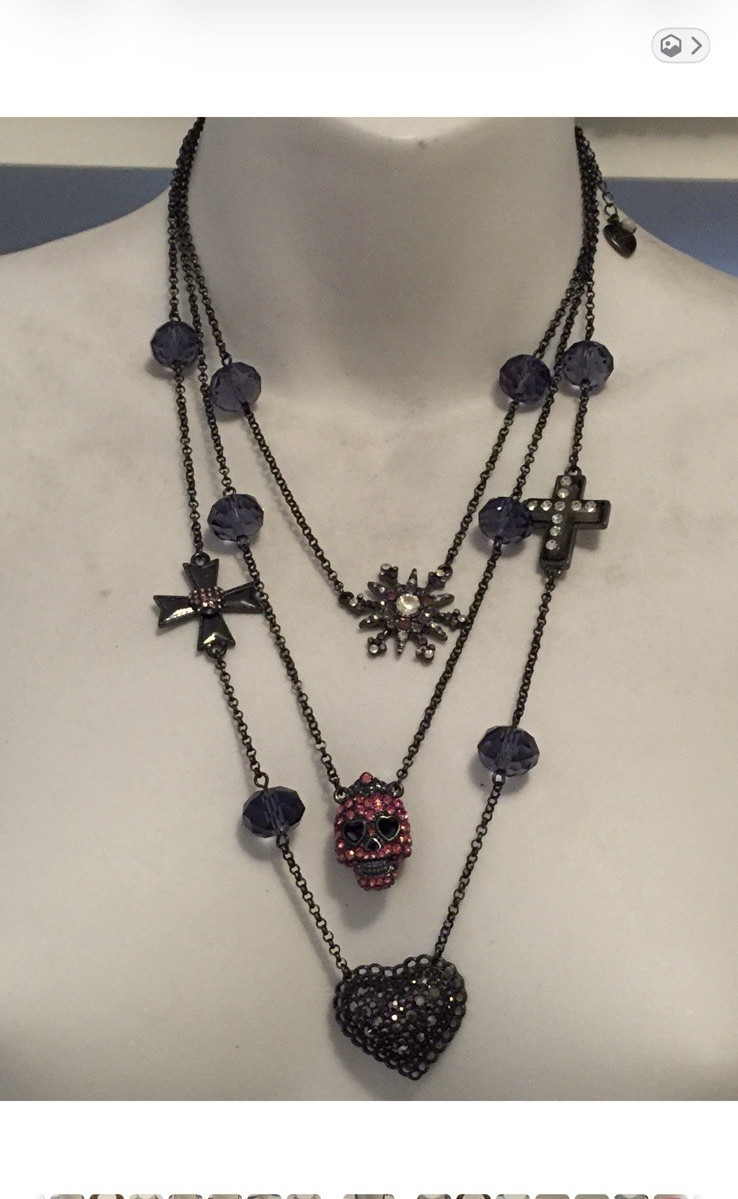 Black Layered Cable Chain Charm Necklace Skull Cross Heart Purple Crystal