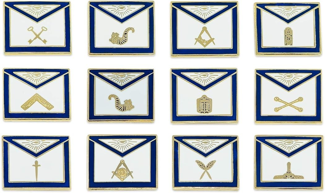 Officer Apron (Set of 12 Pins) Masonic Lapel Pin – [Blue & White][3/4” Wide]
