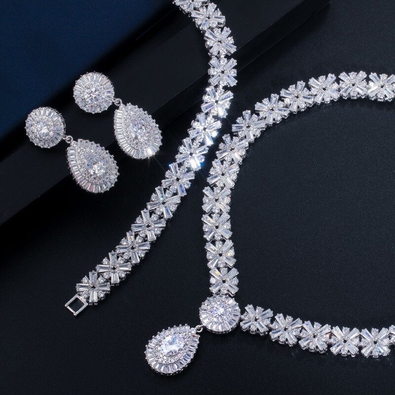 Gold Plated Water Drop Pageant Necklace Earring Bracelet CZ Zirconia Jewelry Set