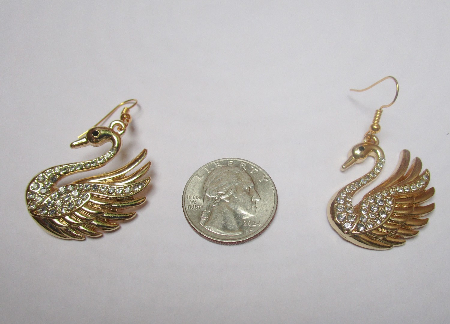 Gold swan with rhinestones women’s dangle earrings