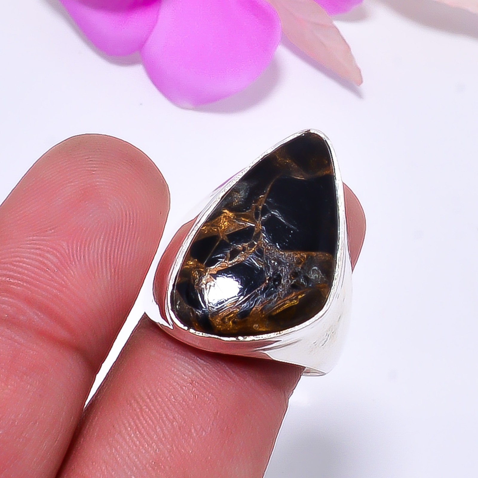 Copper Black Obsidian 925 Sterling Silver Ring S.9 R11524