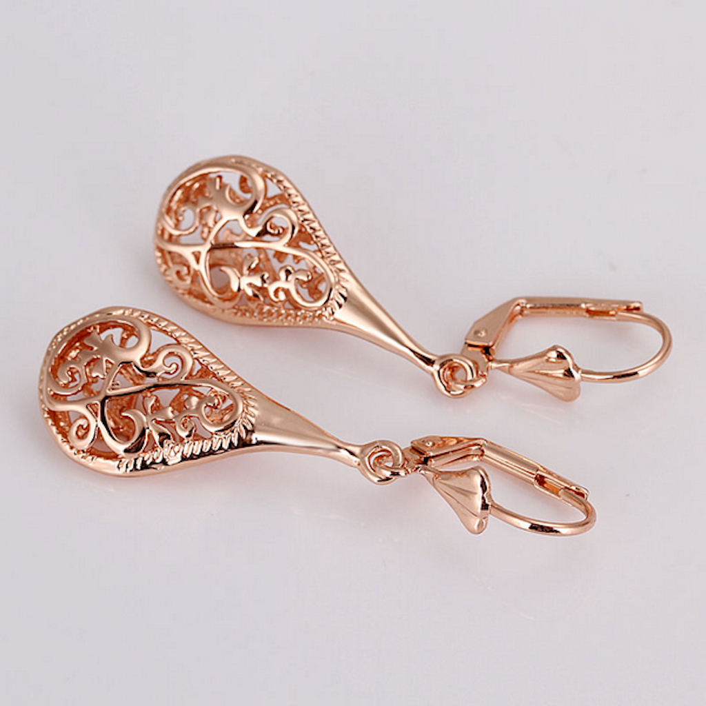 18K Rose Gold Filigree Teardrop Lever Back Drop Dangle Earrings L130
