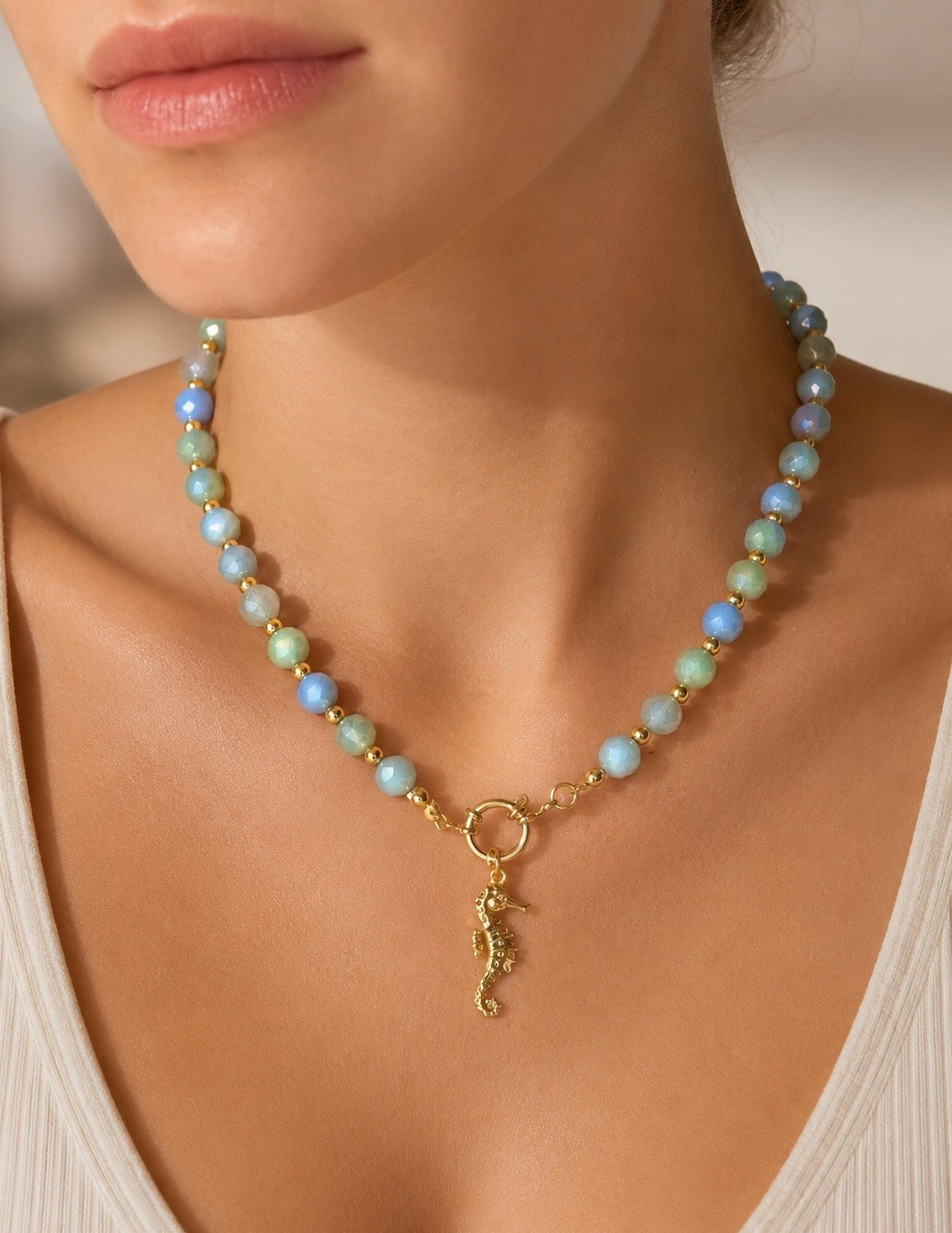 Blue Glass Beaded Necklace Gold Tone Seahorse Charm Pendant Spring Ring