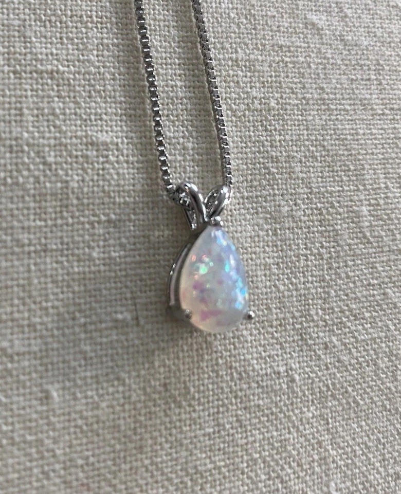 New White Fire Opal Necklace Pendant Box Chain Silver