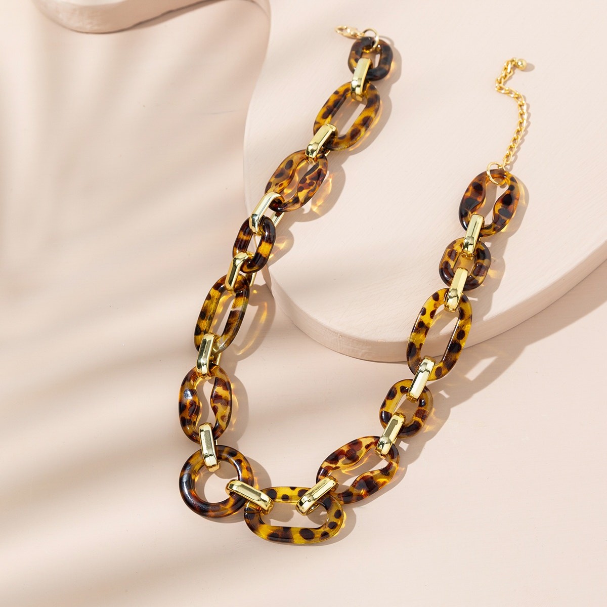 Brown Leopard Print Oval Acrylic Card Necklace With KC Gold Plated Alloy
