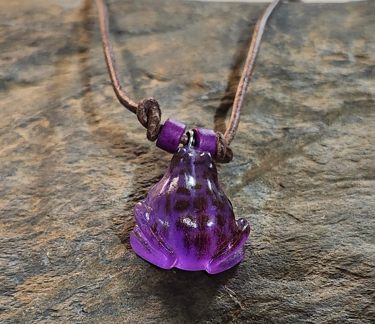 Frog Necklace, Purple, Resin, Novelty Necklace, Frog Jewelry, Leather Cord