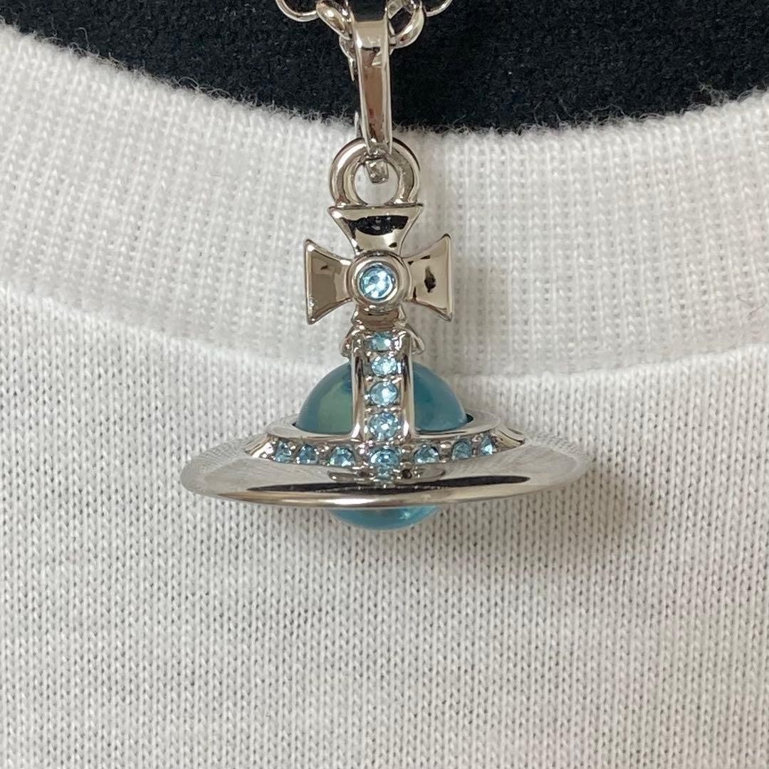 Vivienne Westwood Tiny Orb Necklace Ice Blue 2.3cm Silver with drawstring