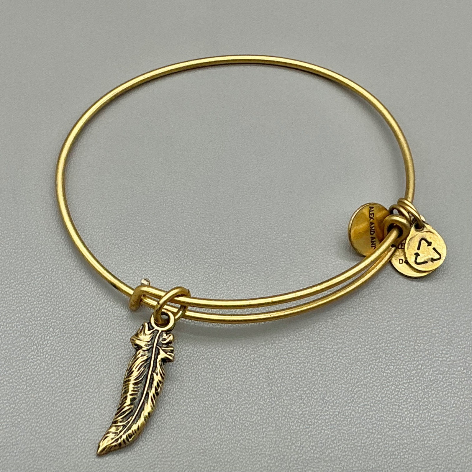 Alex and Ani Bracelet Womens Gold Tone Feather Charm Crystal Bangle 7-8 Inch