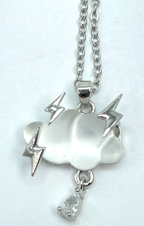 Necklace Iridescent White Cloud Silver Tone Lightning Bolts & Zirconia Rain Drop