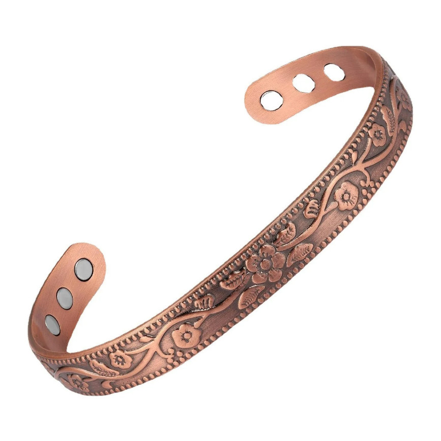 1pcs Retro Flower Magnetic Bracelet & Ring Set – Ancient Red Copper Jewelry