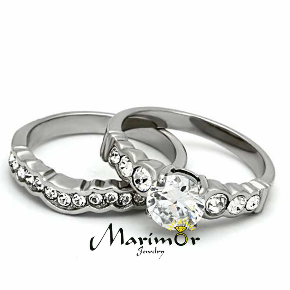 STAINLESS STEEL 2.35 CT ROUND ZIRCONIA 316L ENGAGEMENT WEDDING RING SET SZ 5-10