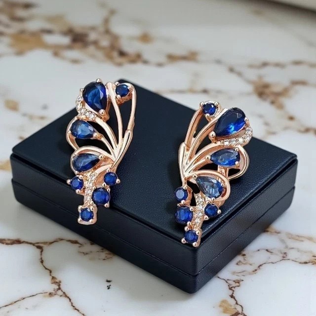 2.20Ct Pear Cut Simulated Sapphire Butterfly Stud Earrings 14k Rose Gold Plated