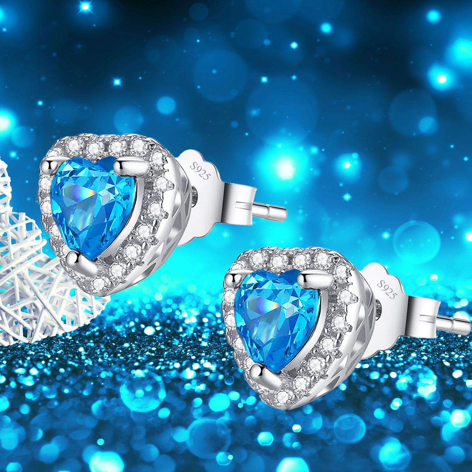 1.0 Cttw Heart Shaped AAA Simulated Blue Topaz Sterling Silver Stud Earrings
