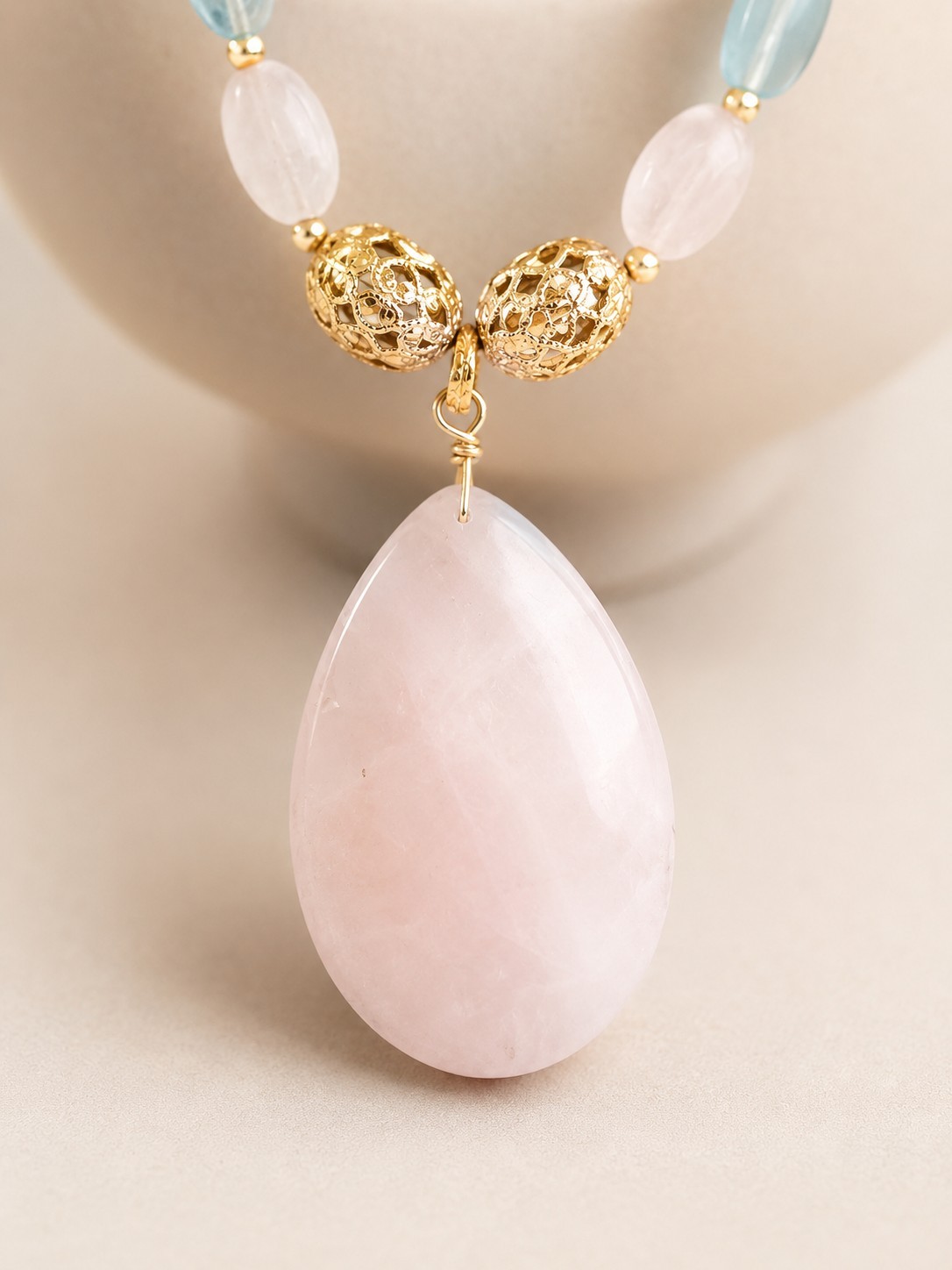 Gold Tone Necklace & Earrings Set Pink Teardrop Pendant Adjustable
