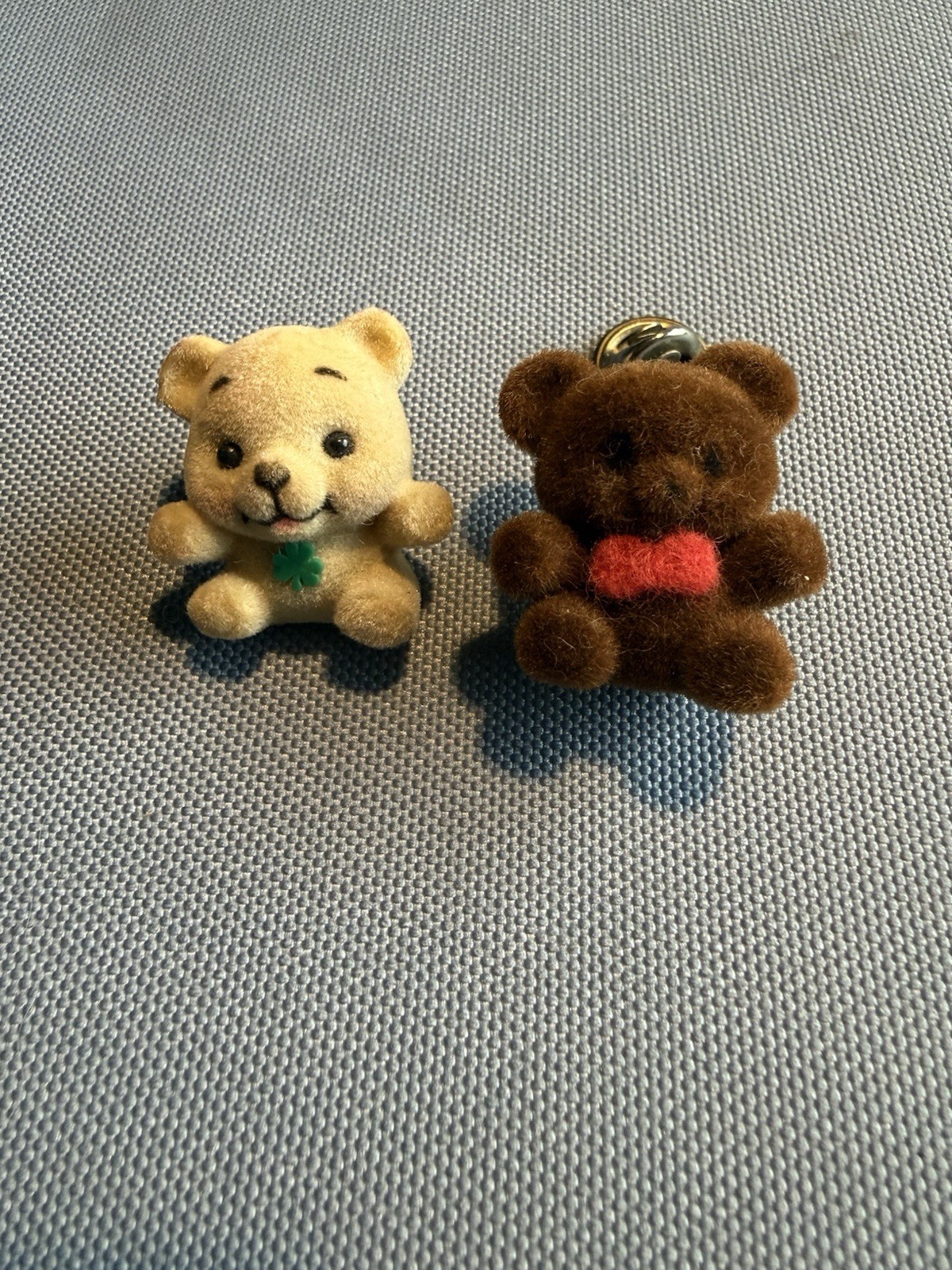 Vintage Russ Flocked Teddy Bear Lapel Pins Hong Kong Lot of 2 Brown & Cream