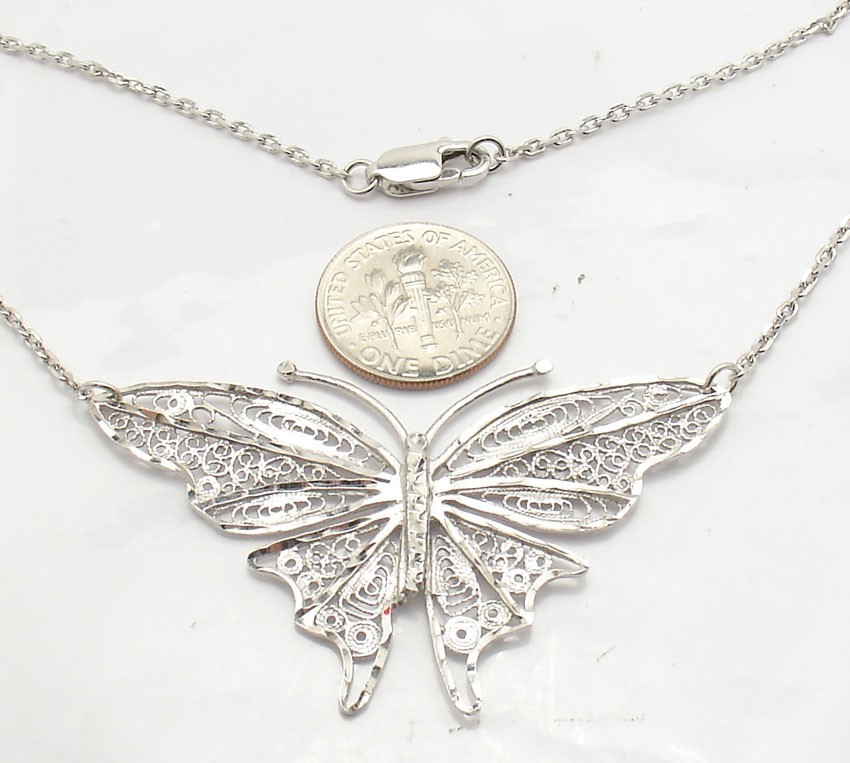 Anti-Tarnish Bold 3D Filigree Butterfly Pendant Cable Chain 925 Sterling Silver