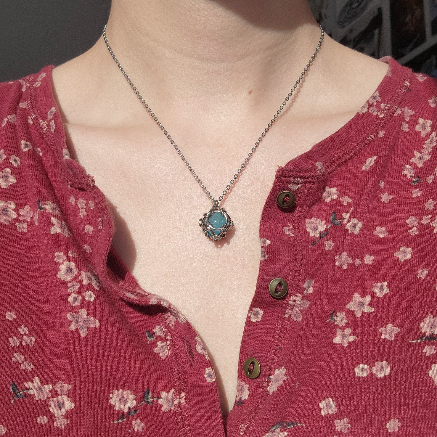 Aqua blue and silver necklace made of stainless steel for women