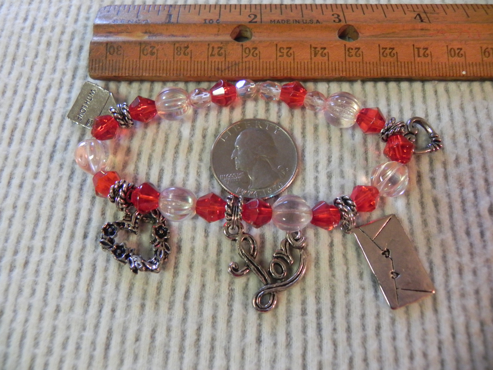 Red charm bracelet Beaded Valentines Love Letters Hearts AB crystal beads NICE