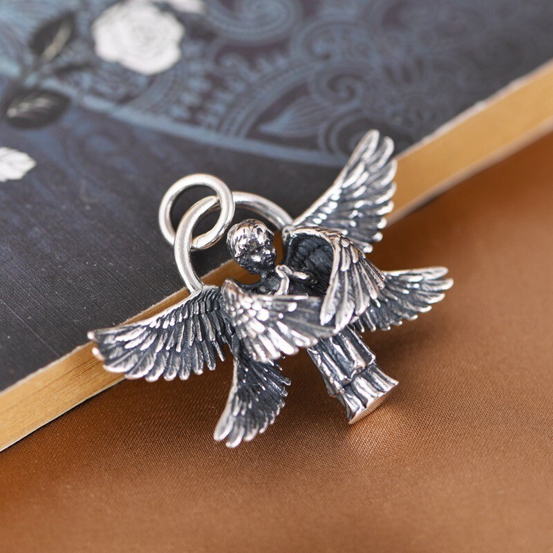 Seraphim Praying Angel 6 Wings Necklace Pendant Retro Charm 925 Sterling Silver