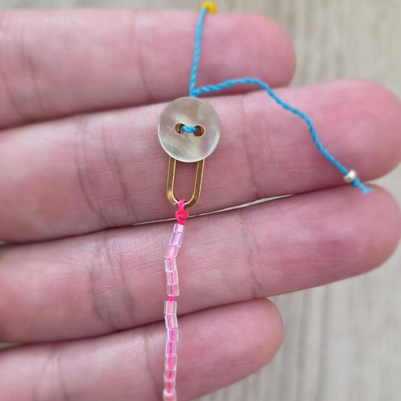 Tiny Adjustable Beaded Woven Bracelet Mother of Pearl Button Chan Luu Inspired