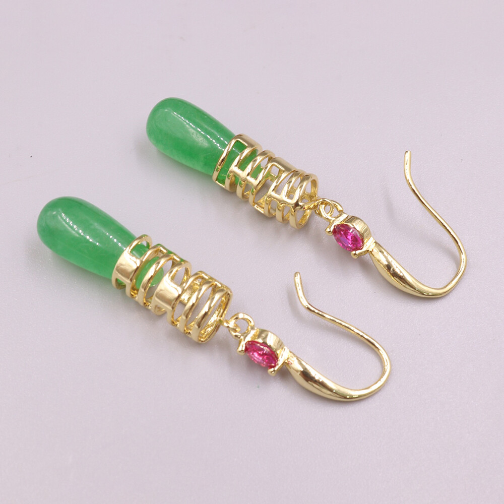 Gold Plated Alloy Heated Green Raindrop Jade Charm Dangle Earrings 40mm H