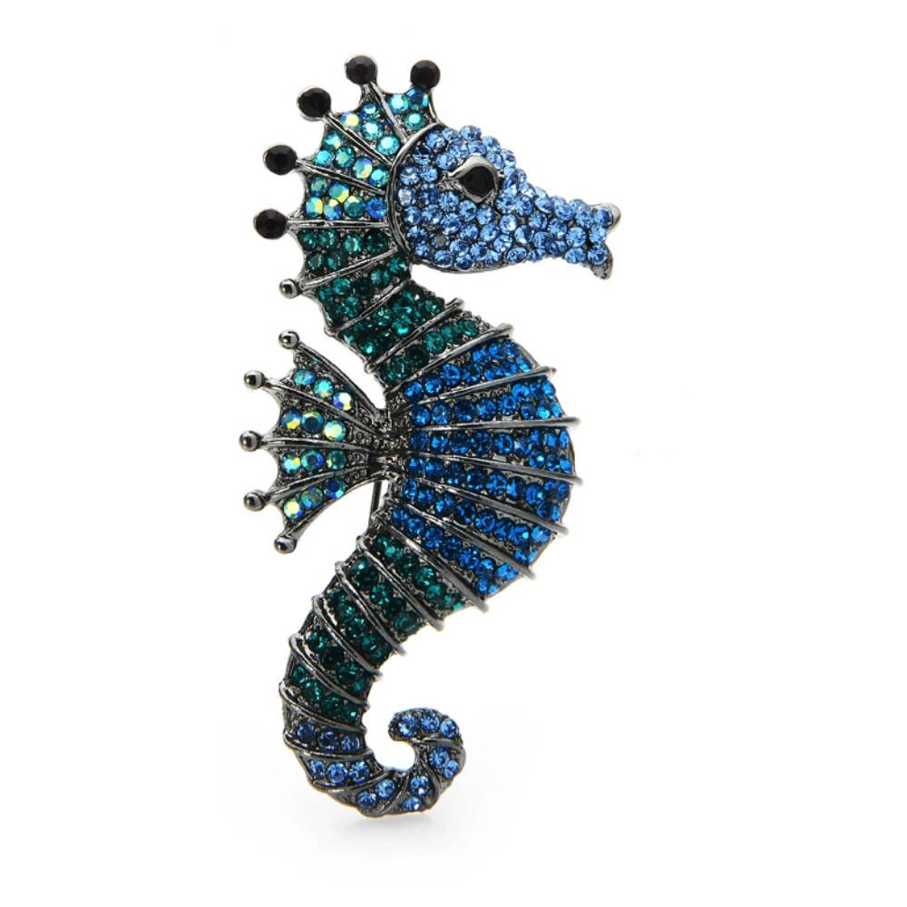 Sparkling Blue Seahorse Brooch Rhinestone Crystal Ocean Pin Summer Jewelry Gift