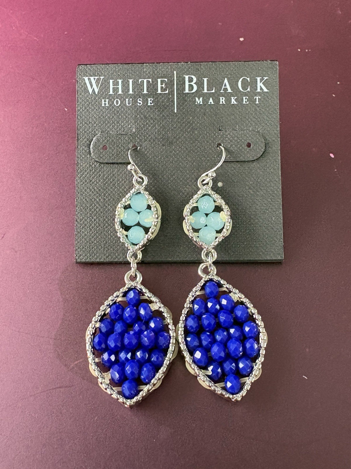 Whit House Black Market Silver Toned Tear Drop Vibrant Blue Beaded Earrings
