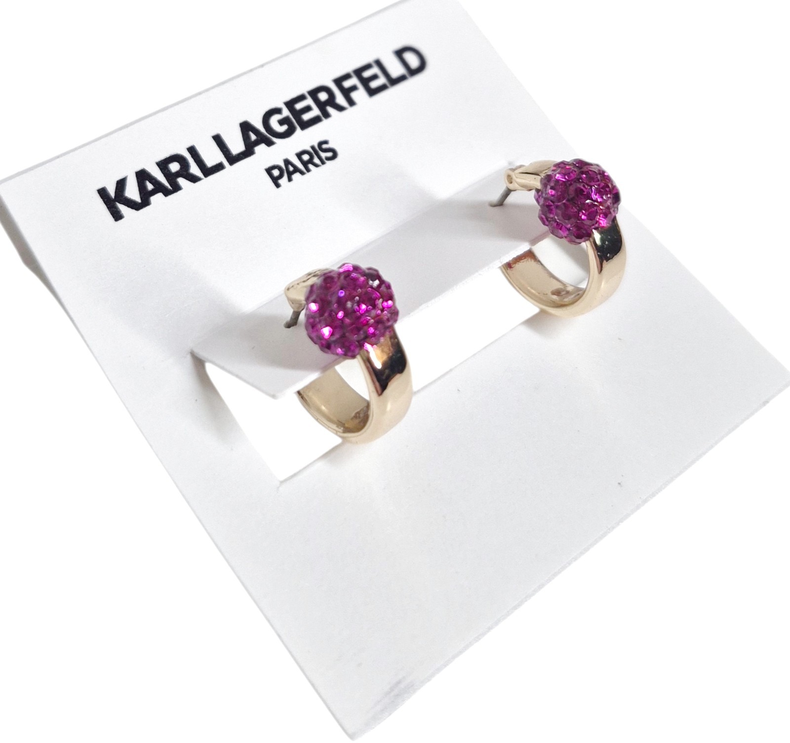 Karl Lagerfeld Small Pave Fireball Huggie Hoop Earrings Pink Gold Plated New