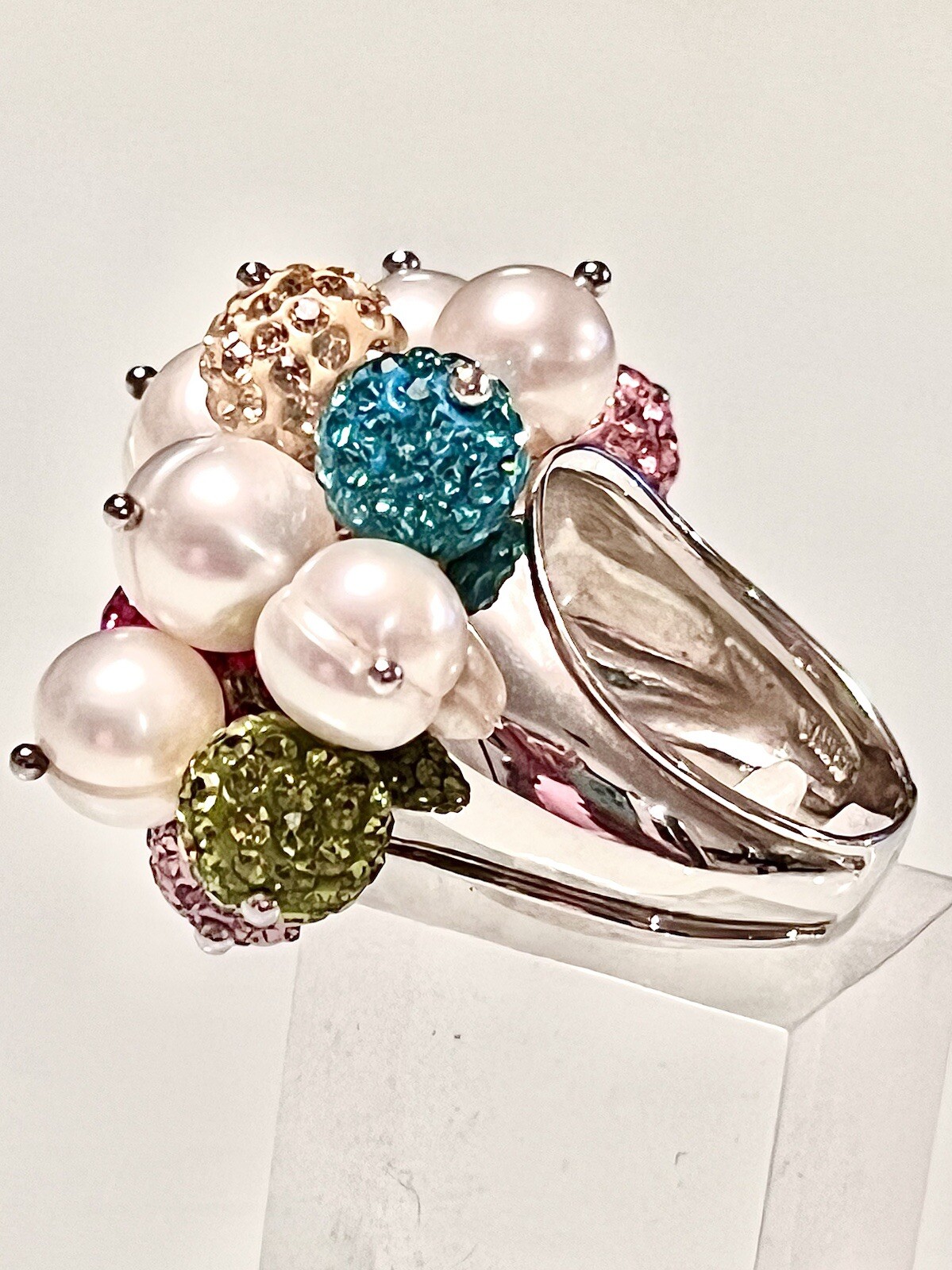 ROSS SIMONS~925 SS PEARLS W COLORED CRYSTAL BALL CLUSTER RING~SZ 7.25~15.7G