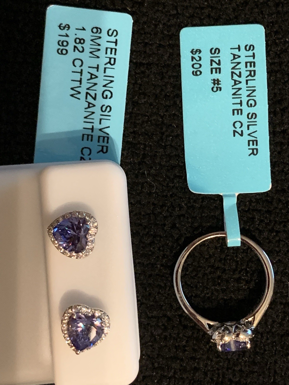 925 Sterling Silver Tanzanite And CZ Ring And Earrings Set Size 5