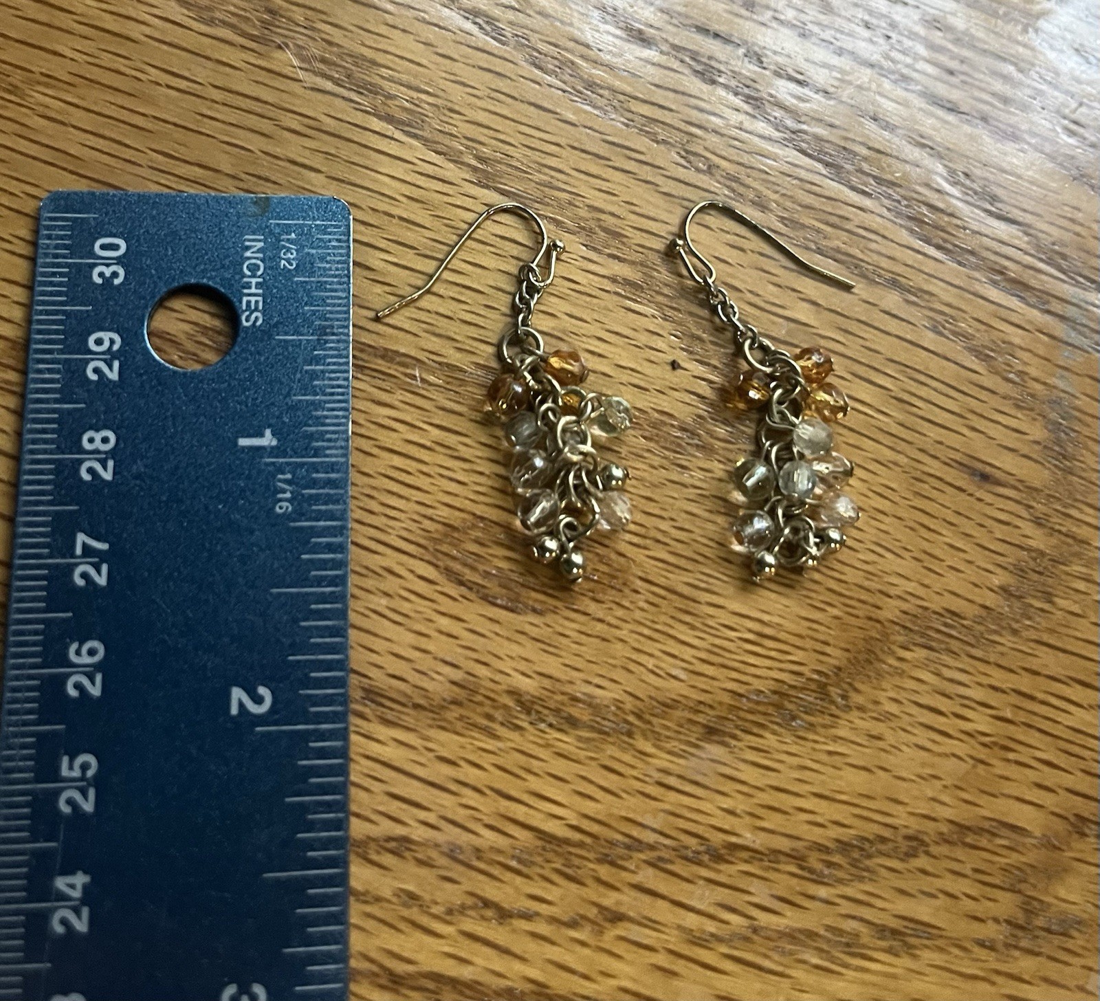 Gold Tone Clear & Amber Crystal Bead Cluster Dangle Drop Hook Earrings 1.5 in