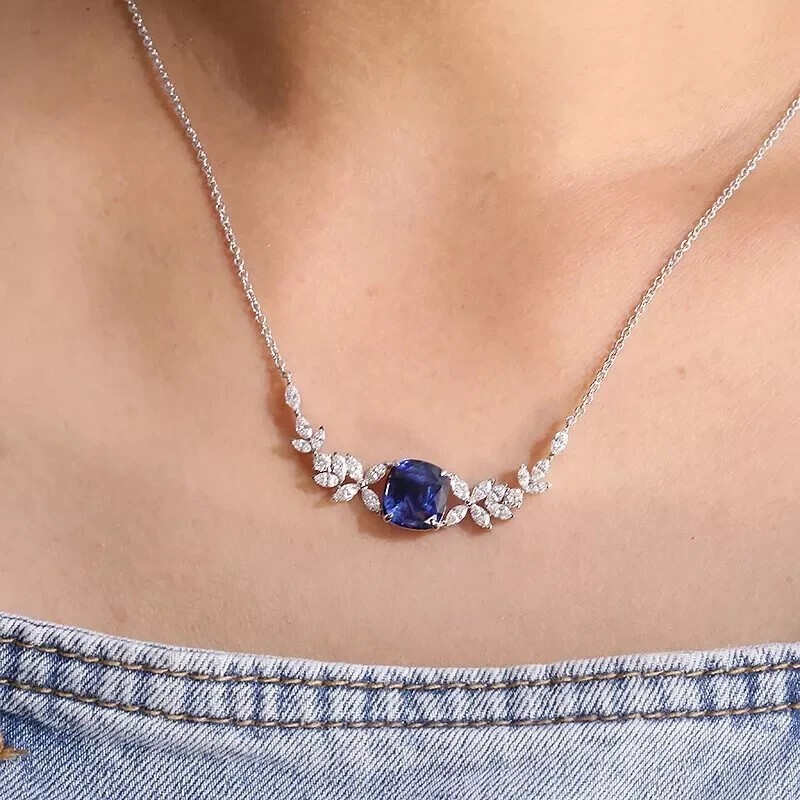 Cushion Cut Simulated Blue Sapphire Women’s Pendant Chain 14k White Gold Plated
