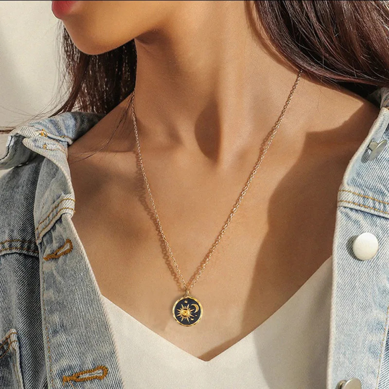 Vintage Necklace Bohemian Sun Moon Pendant Necklace Female Alloy Clavicular Cha