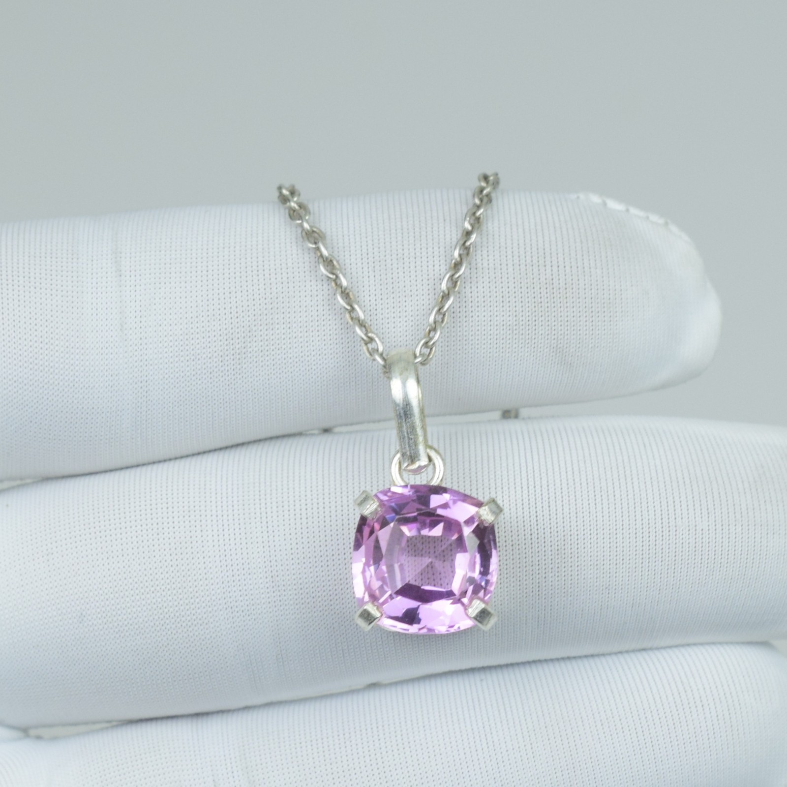 Pink Kunzite Necklace Cushion Cut Jewelry, 16Ct Sterling Silver Teardrop Pendant