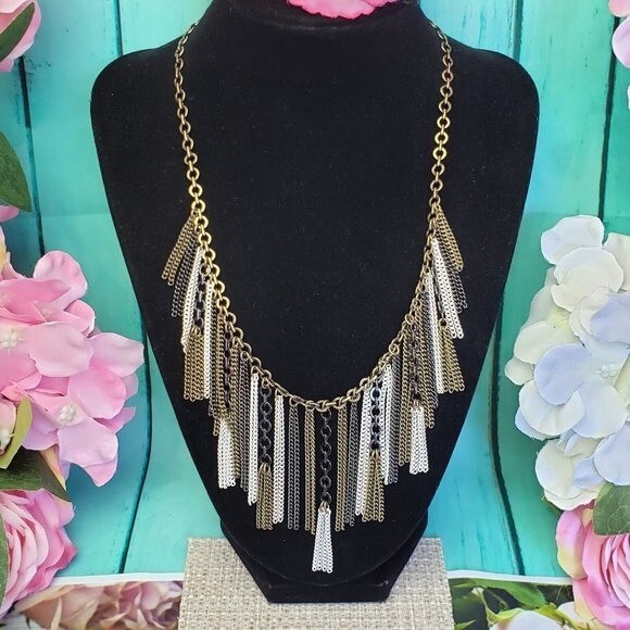 SILPADA KR Multi Tone Fringe Chain Necklace Gold Brass Gunmetal Tassel Statement