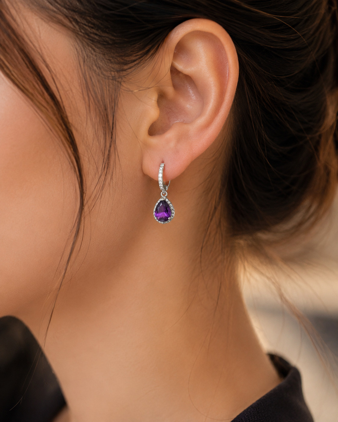 2.50Ct Pear Cut Simulated Amethyst Wedding Hoop Earrings 14K White Gold Plated