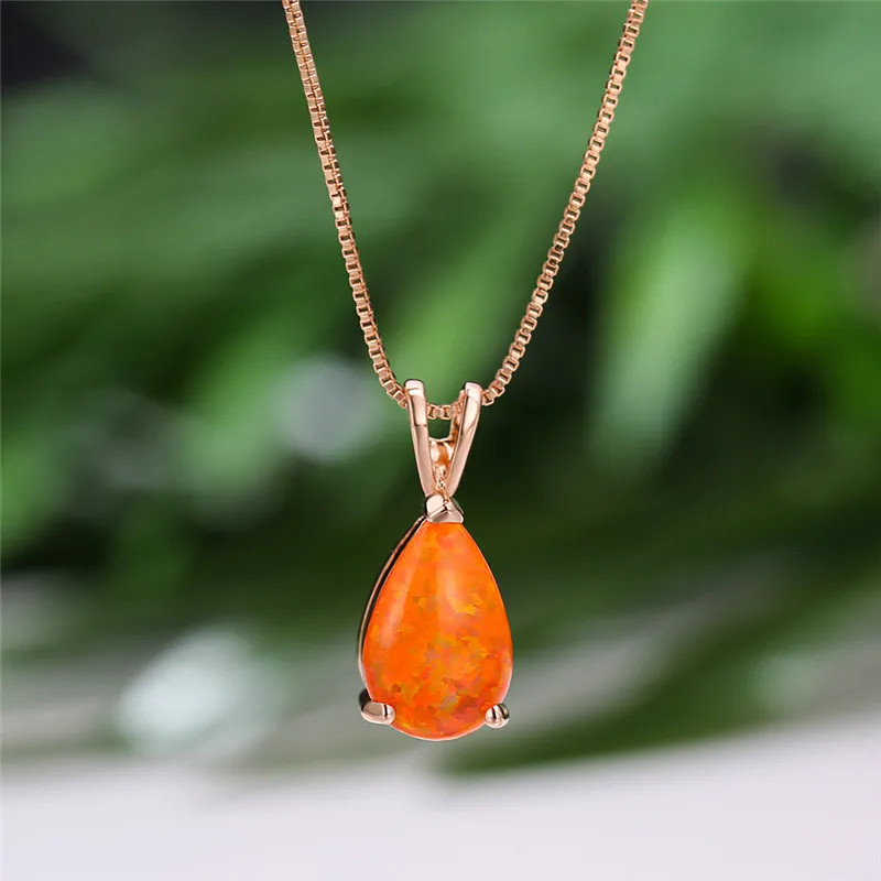 Boho Female Small Blue Green Opal Water Drop Pendant Necklace Silver Color Weddi