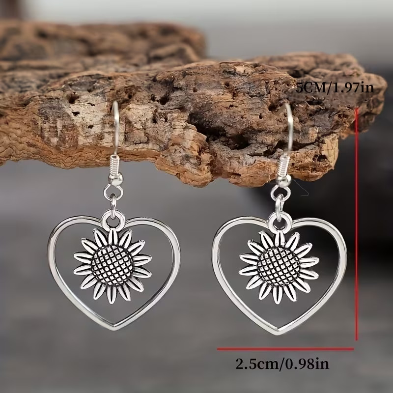 Retro Bohemian Heart Sunflower Design Hollow Dangle Drop Earrings Silver Toned