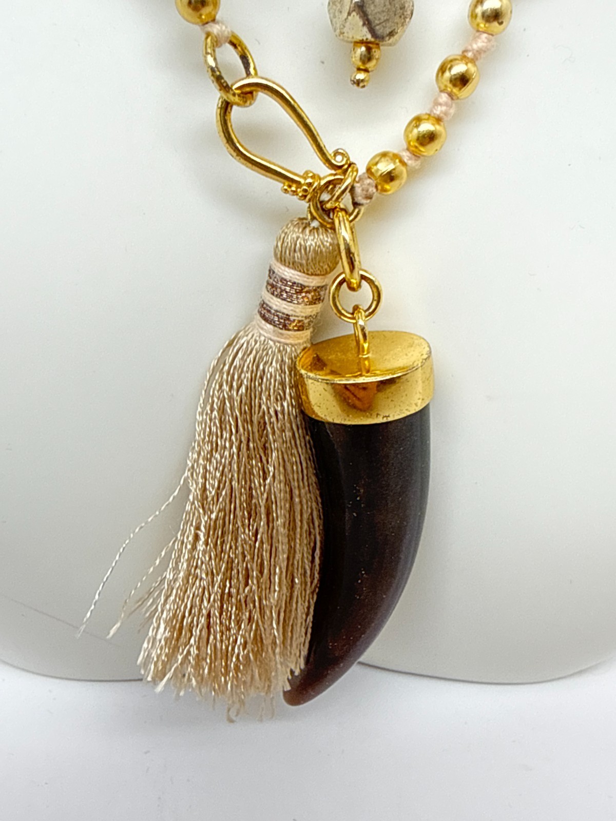 Banana Republic Beaded Necklace silk Tassel brown lucite Tooth pendant