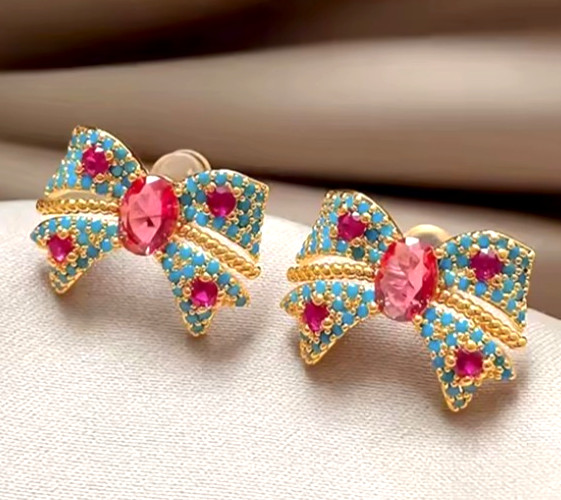 Super Cute Sparkly Blue Red BOW Rhinestone Gold Betsey Johnson Earrings