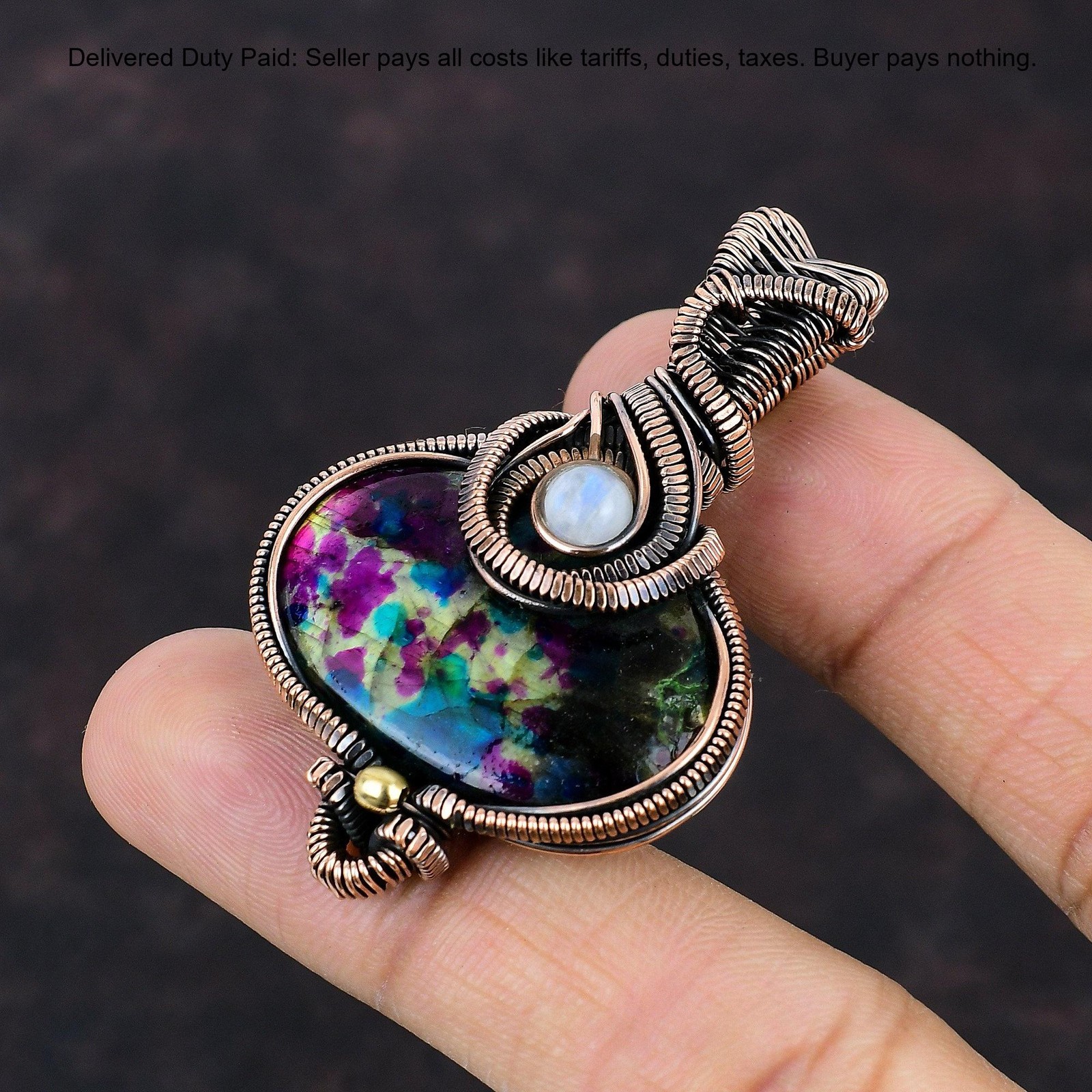 Copper Natural Multi Fire Labradorite Rainbow Moonstone New Wire Wrapped Pendant