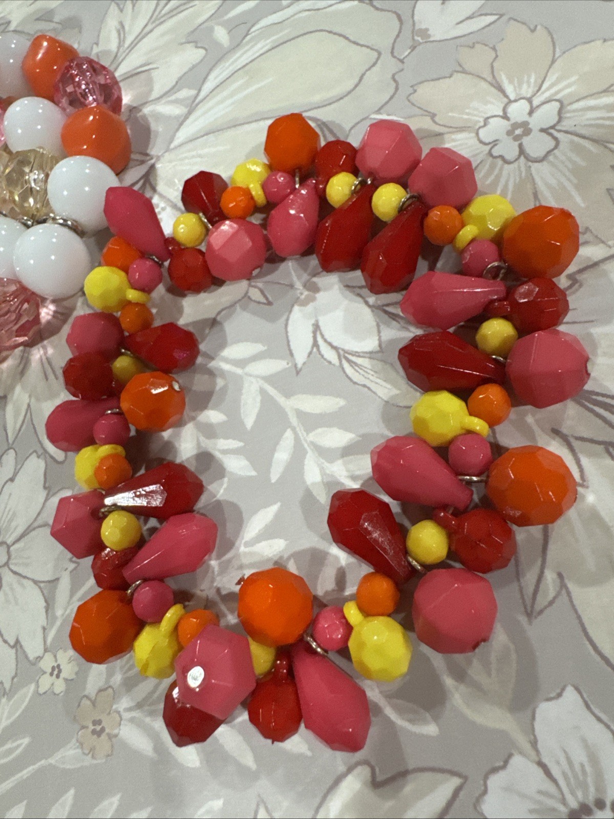 Lot Of 2 White Yellow Pink Orange Beaded Crystal Statement Bracelets Stretchy