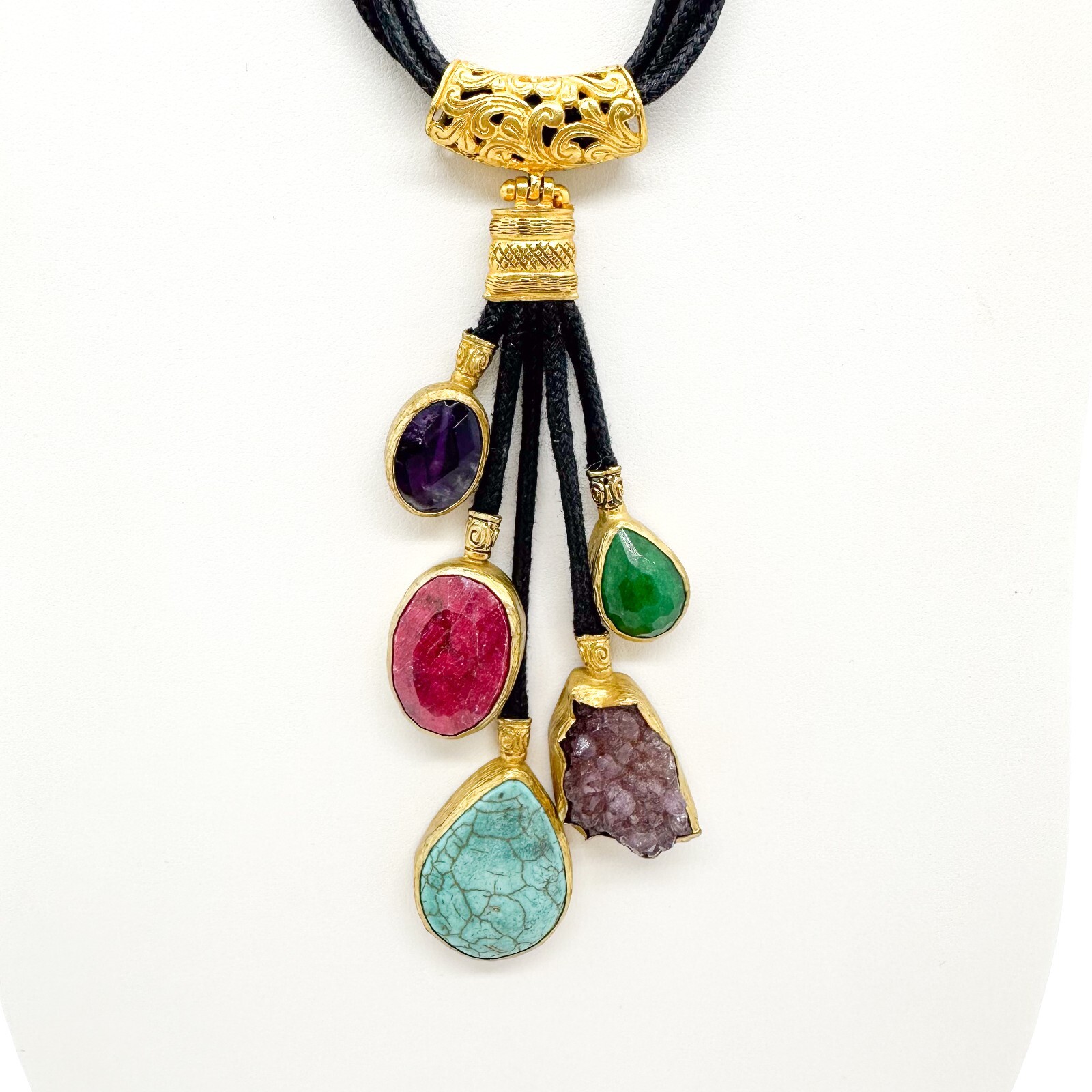 Vita New York Necklace Natural Multi Stone Gold Plated Cord Gold Plated Unsigned