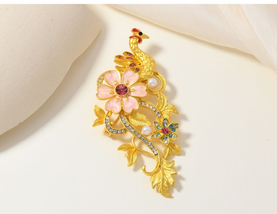 Phoenix Brooch Pink Enamel Crown Flower High End Chinese Style Gift Accessory