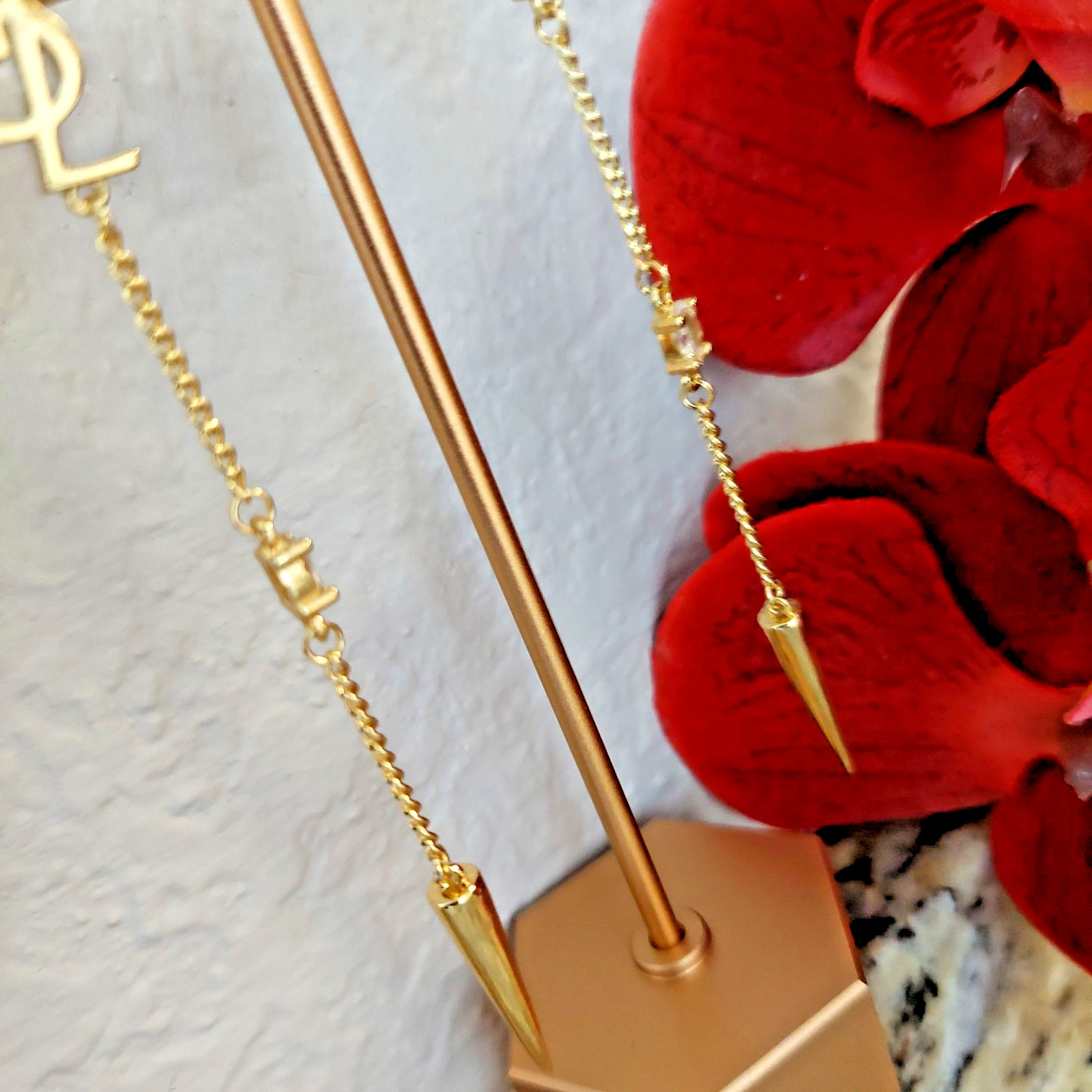 Auth YVES SAINT LAURENT YSL Crystal LOGO Long Chain Drop EARRINGS Gold T G2U