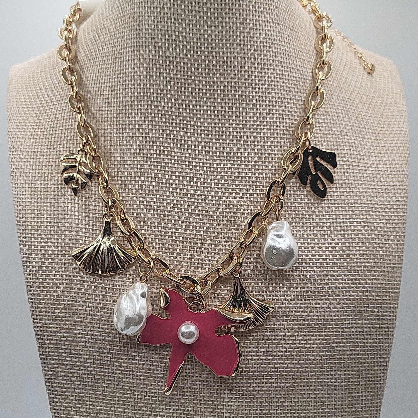 Gold Tone Oval Link Chain Charm Necklace Pink Enamel Bow & Simulated Pearls