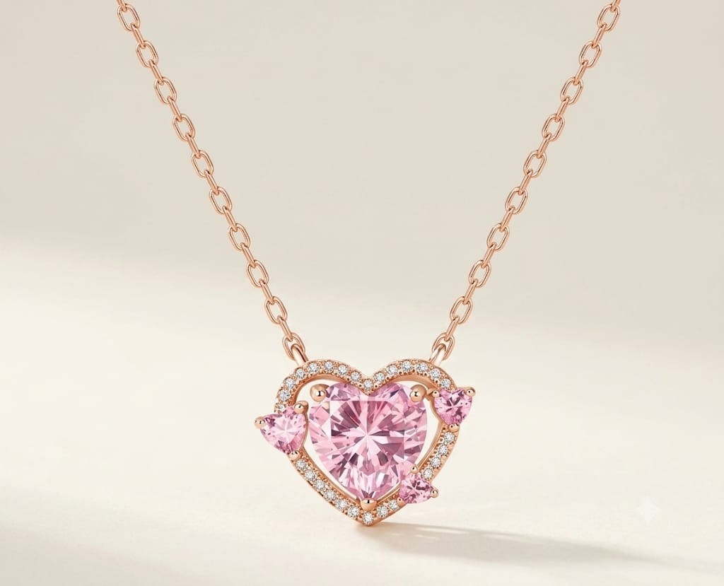 4ct Heart Simulated Pink Sapphire/Diamond Halo Heart Pendant14k Rose Gold Plated